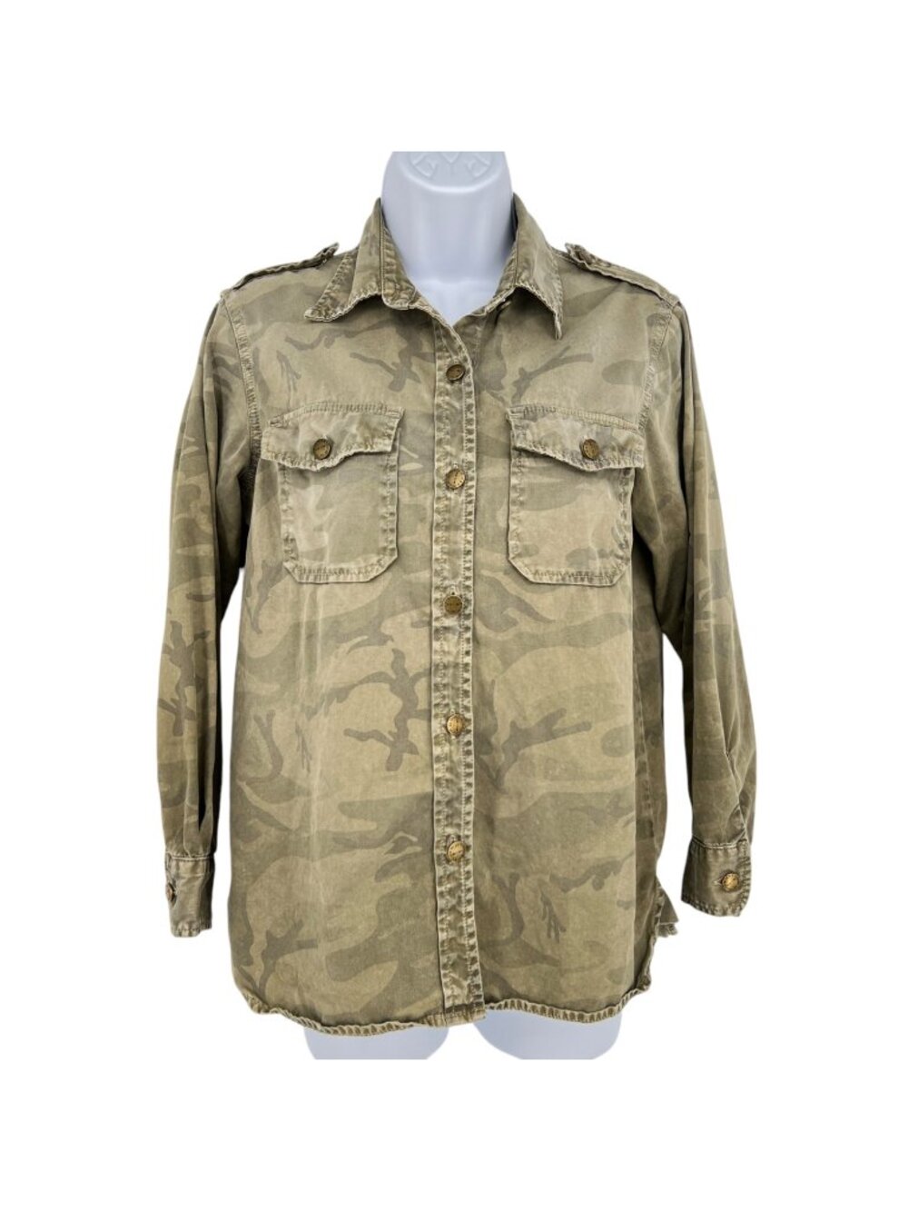 Current/Elliott The Perfect Shirt Army Camo Green Distressed Size Small
